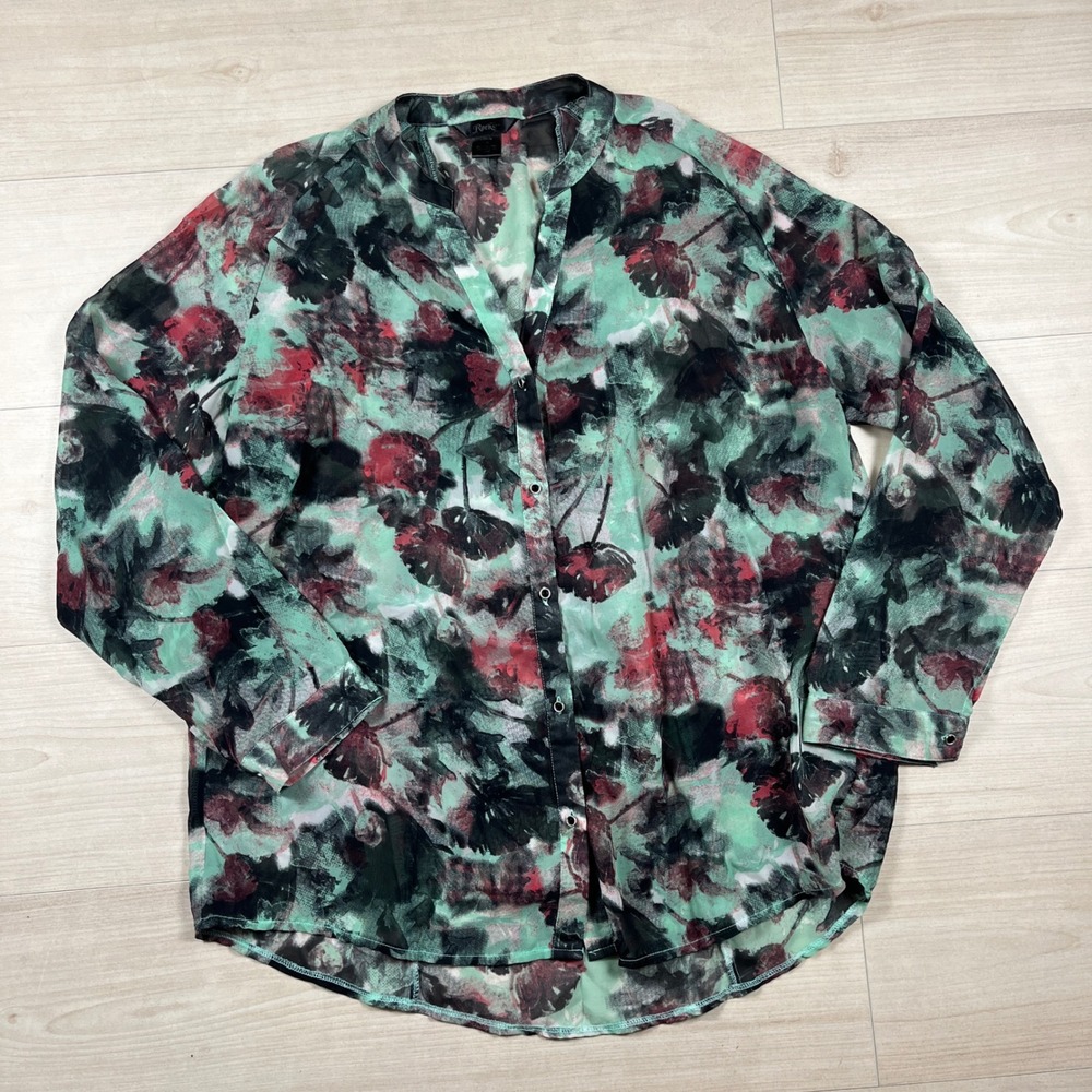 Rock 47 by Wrangler Floral Button Down Blouse Mint Red Black XL